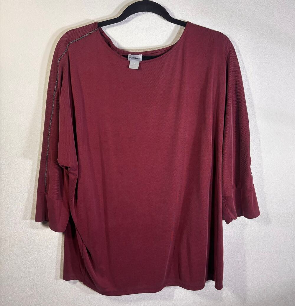 Chico’s Maroon Ribbed Dolman Sleeve Top Sz 3  XL Metallic Trim Soft Stretch